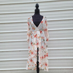 NWT L.I.F.E Women's Floral Kimono Swim Cover Dress Hi Low White Orange Sheer S